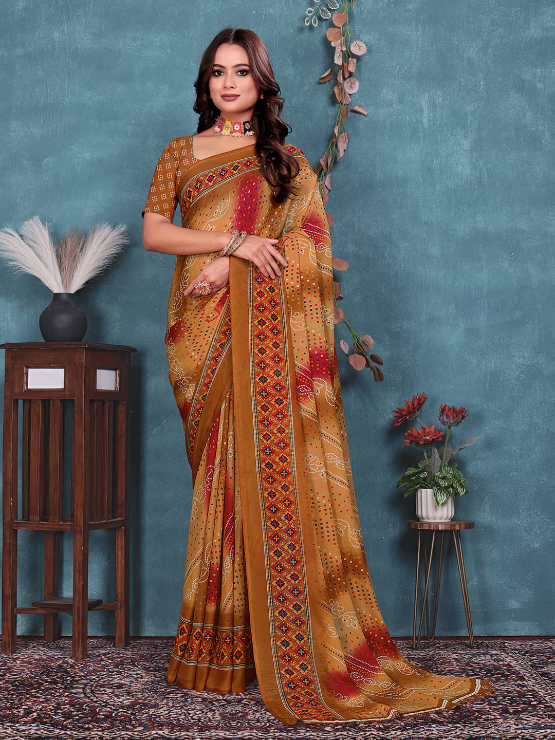     			Kanooda Prints Georgette Printed Regular Saree With Unstitched Blouse Piece ( Mustard )