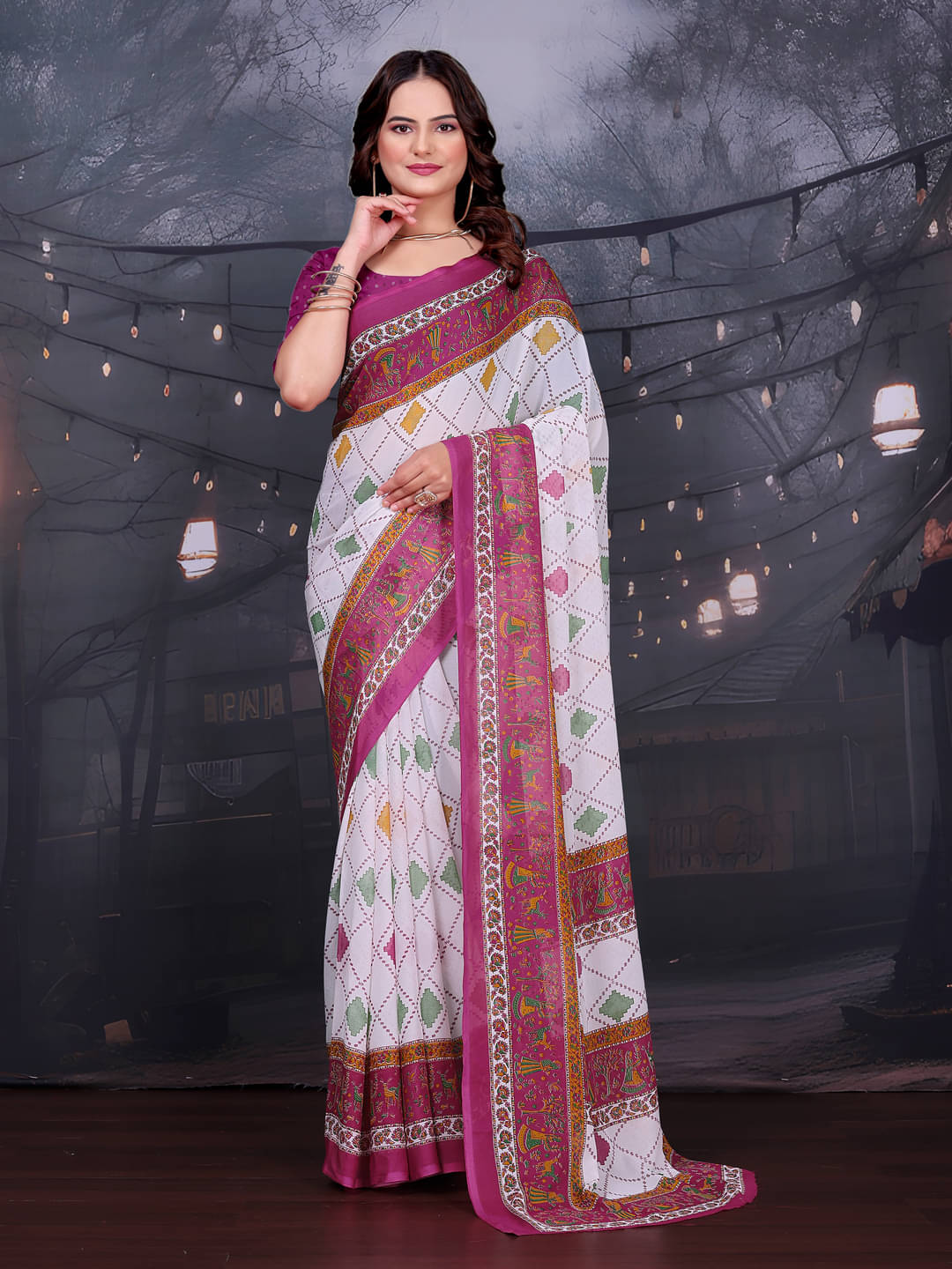     			Kanooda Prints Georgette Printed Regular Saree With Unstitched Blouse Piece ( Pink )