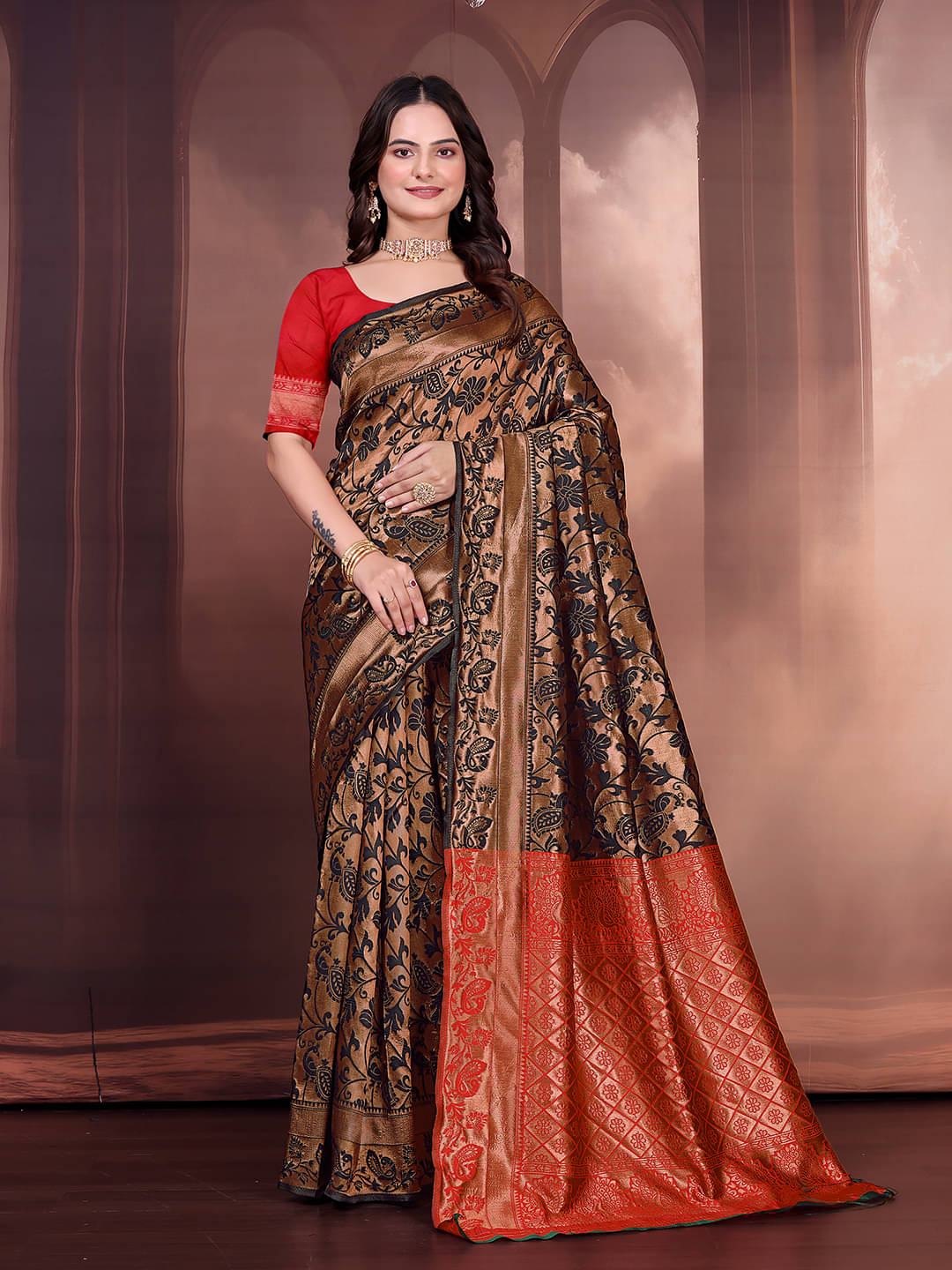 Kanooda Prits Silk Blend Woven Banarasi saree With Unstitched Blouse Piece ( Black ) Kanooda Prits Silk Blend Woven Banarasi saree With Unstitched Blouse Piece ( Black )