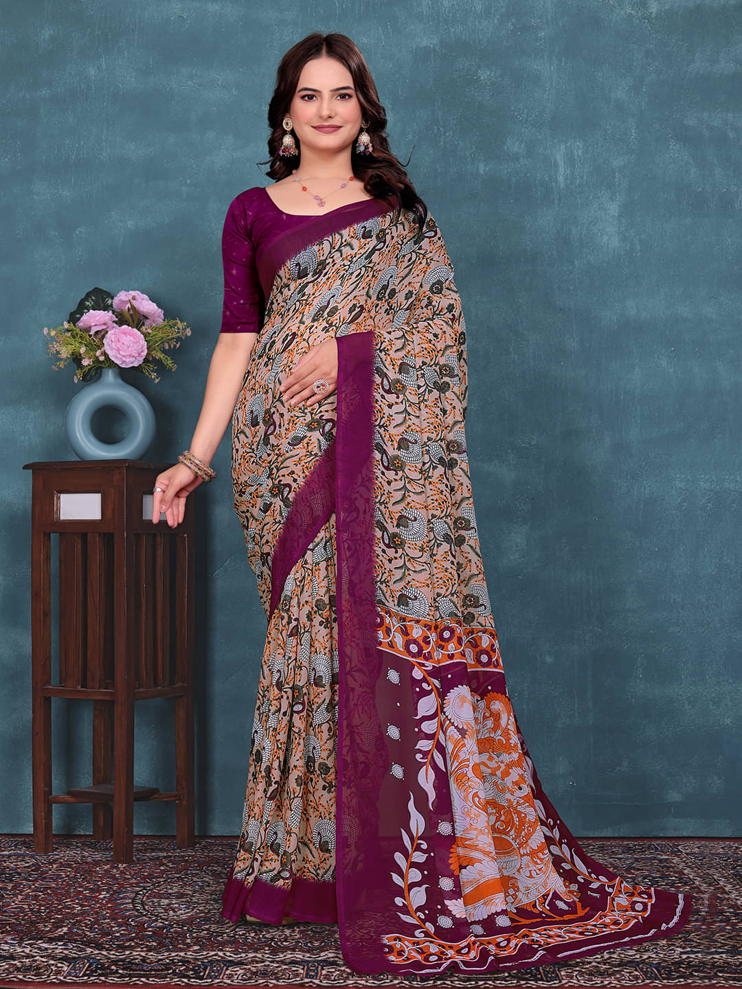     			Maayro Georgette Printed Regular Saree With Unstitched Blouse Piece ( Wine )