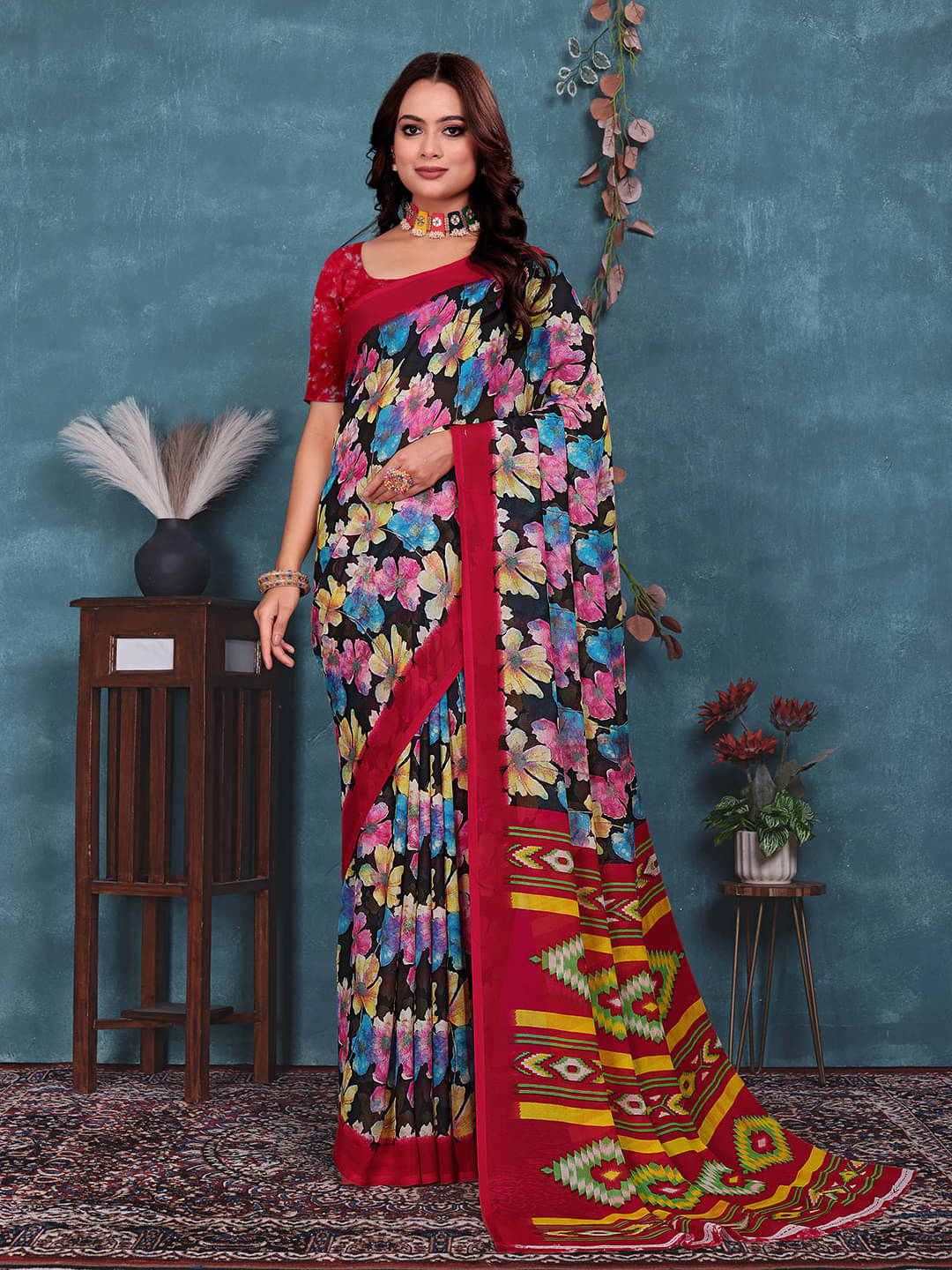     			Maayro Georgette Printed Regular Saree With Unstitched Blouse Piece ( Red )