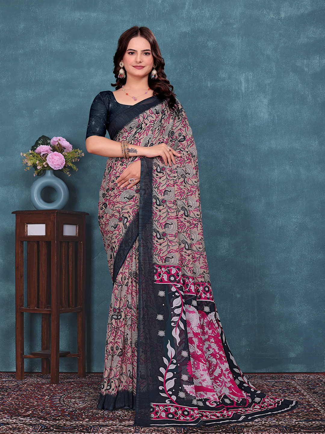     			Maayro Georgette Printed Regular Saree With Unstitched Blouse Piece ( Black )