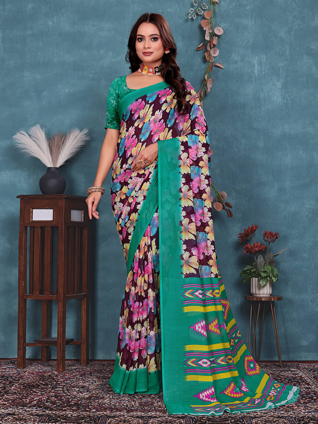 Maayro Georgette Printed Regular Saree With Unstitched Blouse Piece ( Rama ) Maayro Georgette Printed Regular Saree With Unstitched Blouse Piece ( Rama )