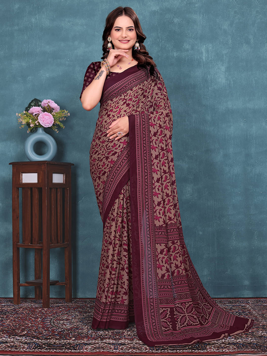 Maayro Georgette Printed Regular Saree With Unstitched Blouse Piece ( Maroon ) Maayro Georgette Printed Regular Saree With Unstitched Blouse Piece ( Maroon )