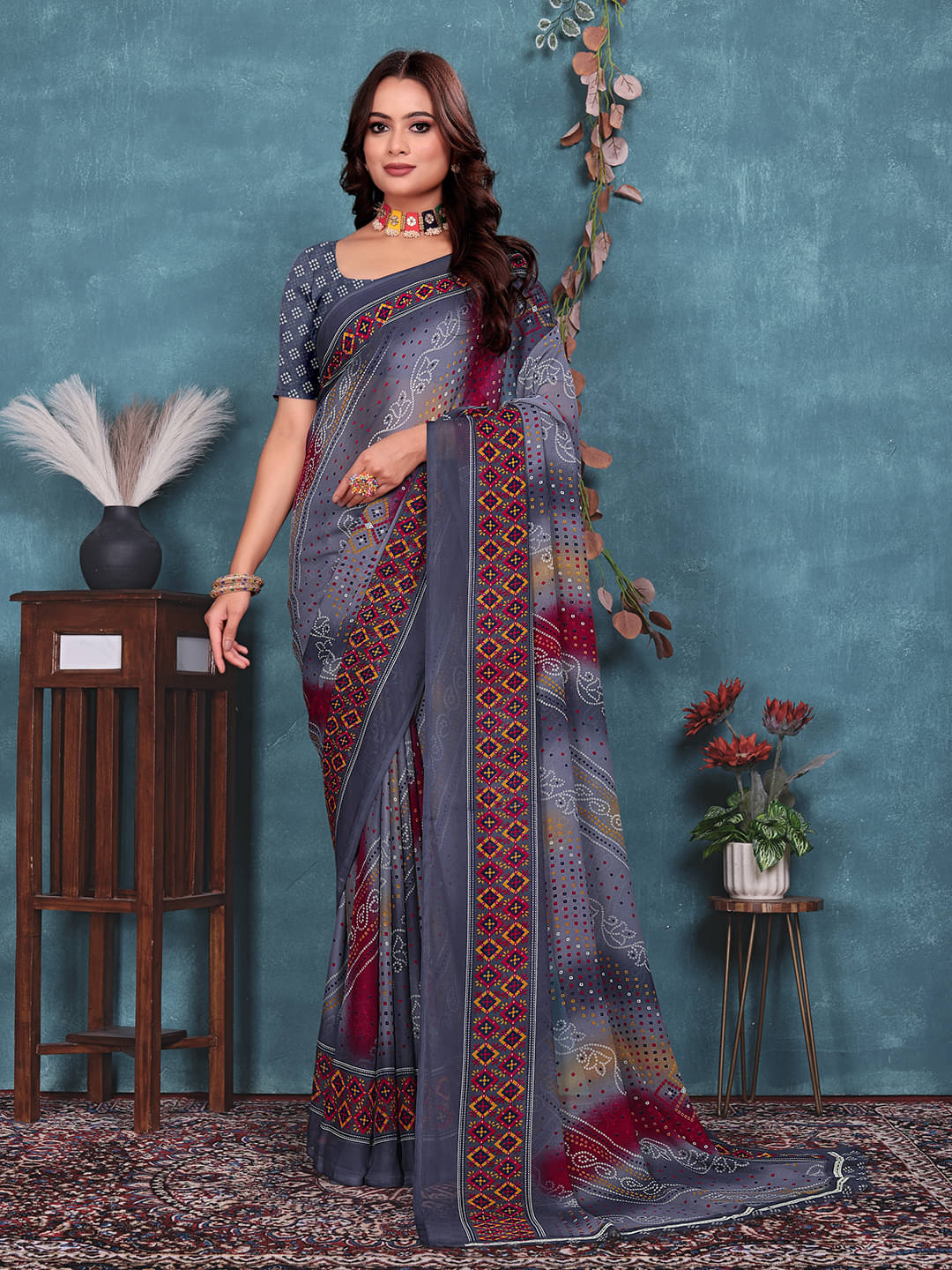     			Maayro Georgette Printed Regular Saree With Unstitched Blouse Piece ( Grey )
