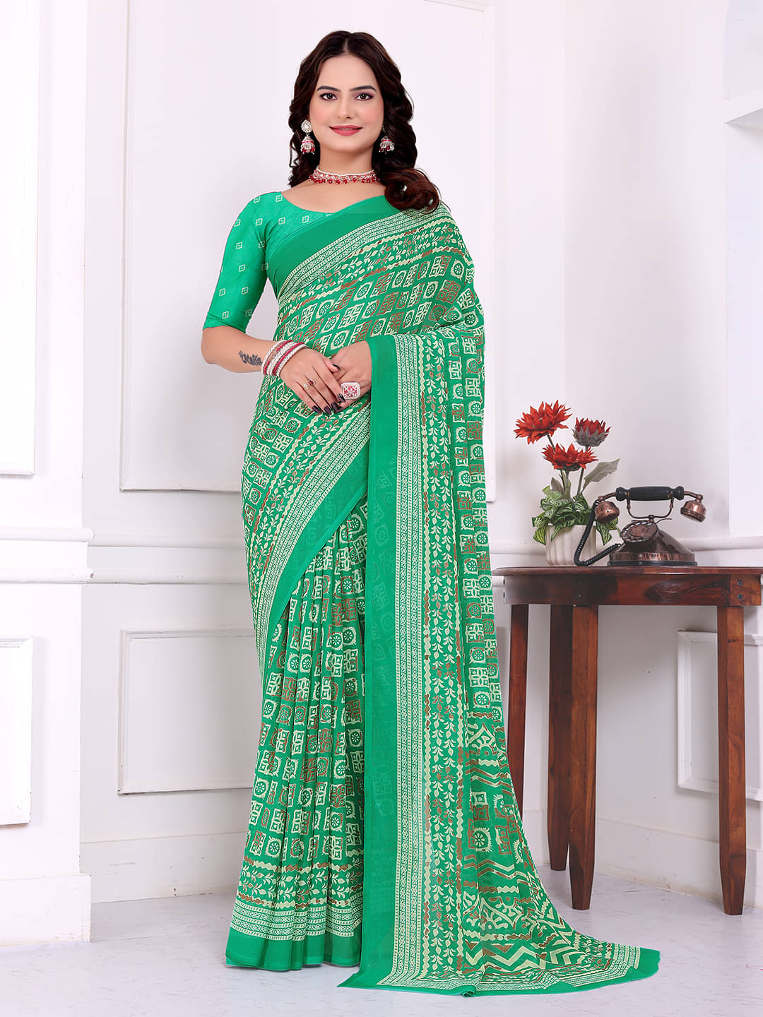     			Maayro Georgette Printed Regular Saree With Unstitched Blouse Piece ( Light Green )