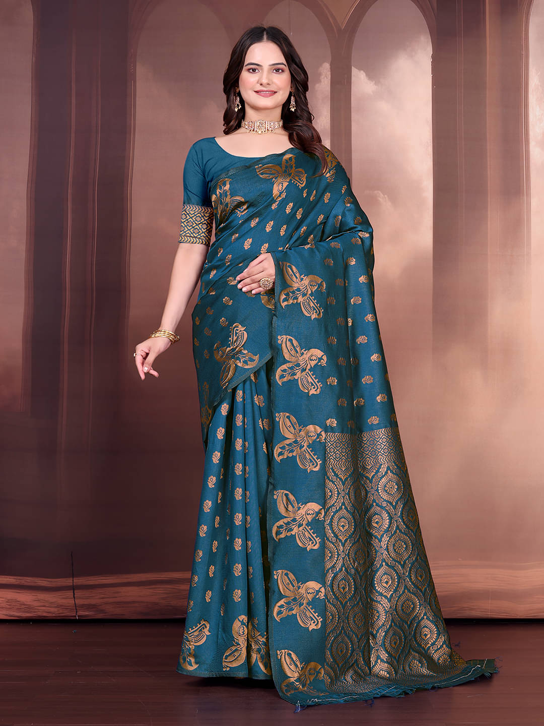 Maayro Silk Blend Woven Banarasi saree With Unstitched Blouse Piece ( Teal ) Maayro Silk Blend Woven Banarasi saree With Unstitched Blouse Piece ( Teal )