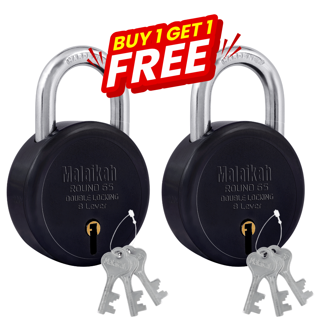 Malaikah Black Round 65 mm Padlock Buy 1 Get 1 Free , Hardened Shackle , Double Locking 8 Lever , Comes with 3 Keys Pack of 2 Malaikah Black Round 65 mm Padlock Buy 1 Get 1 Free , Hardened Shackle , Double Locking 8 Lever , Comes with 3 Keys Pack of 2