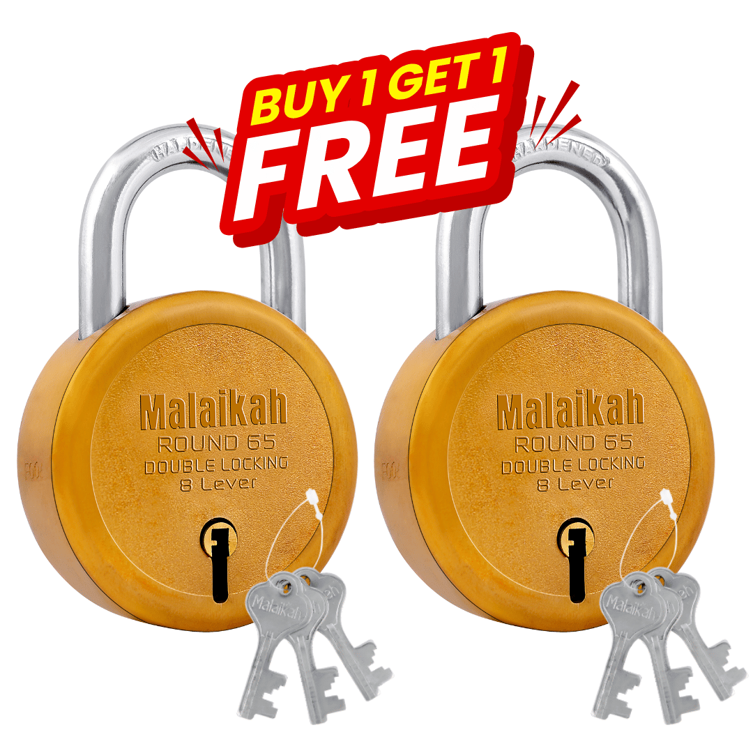Malaikah Dark Gold Round 65 mm Padlock Buy 1 Get 1 Free , Hardened Shackle , Double Locking 8 Lever , Comes with 3 Keys Pack of 2 Malaikah Dark Gold Round 65 mm Padlock Buy 1 Get 1 Free , Hardened Shackle , Double Locking 8 Lever , Comes with 3 Keys Pack of 2