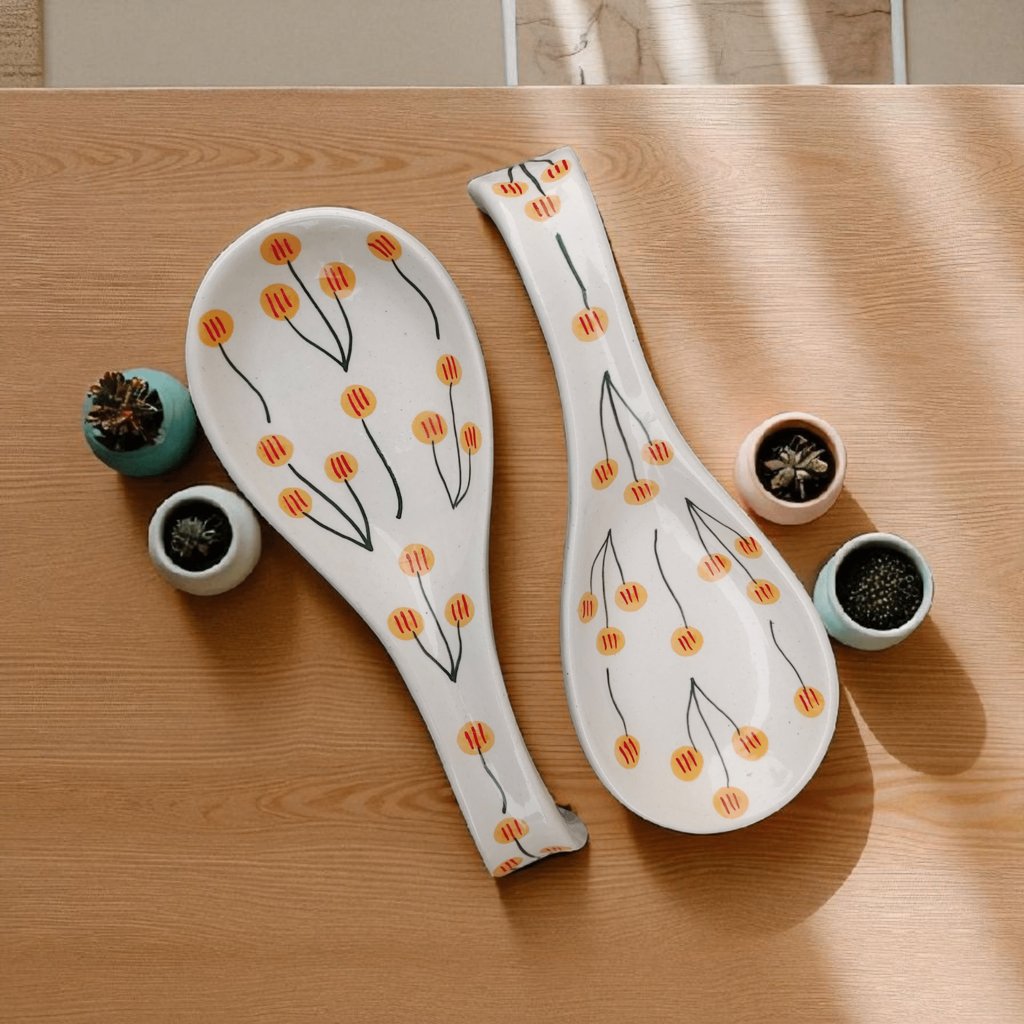     			Malaikah Printed Spoon Rest Ceramic Printed Cutlery Holder Yellow ( Pack of 2 )