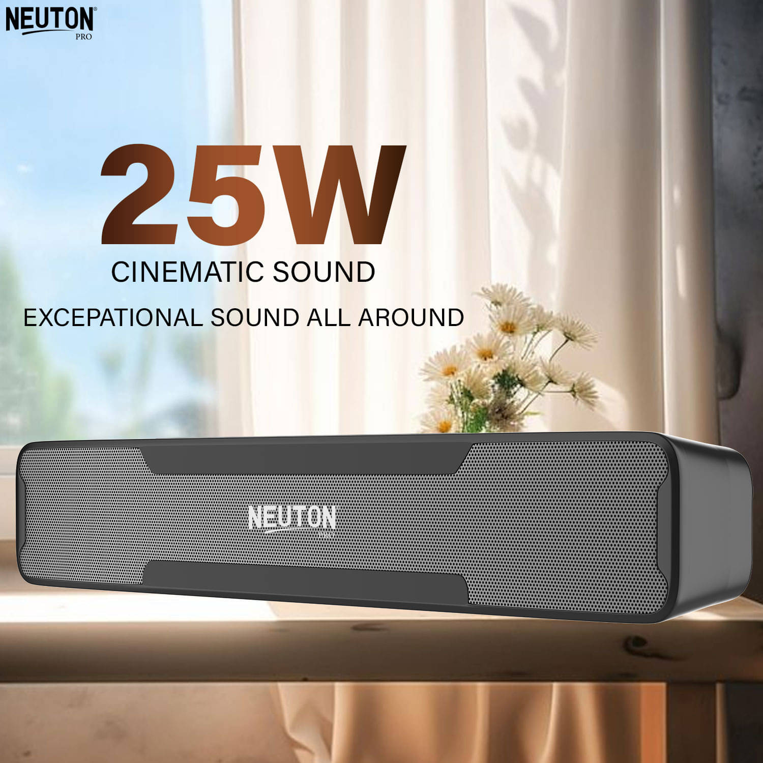     			NEUTON PRO TOP BAR 25 W Bluetooth Speaker Bluetooth v5.0 with USB,SD card Slot,Aux Playback Time 5 hrs Black