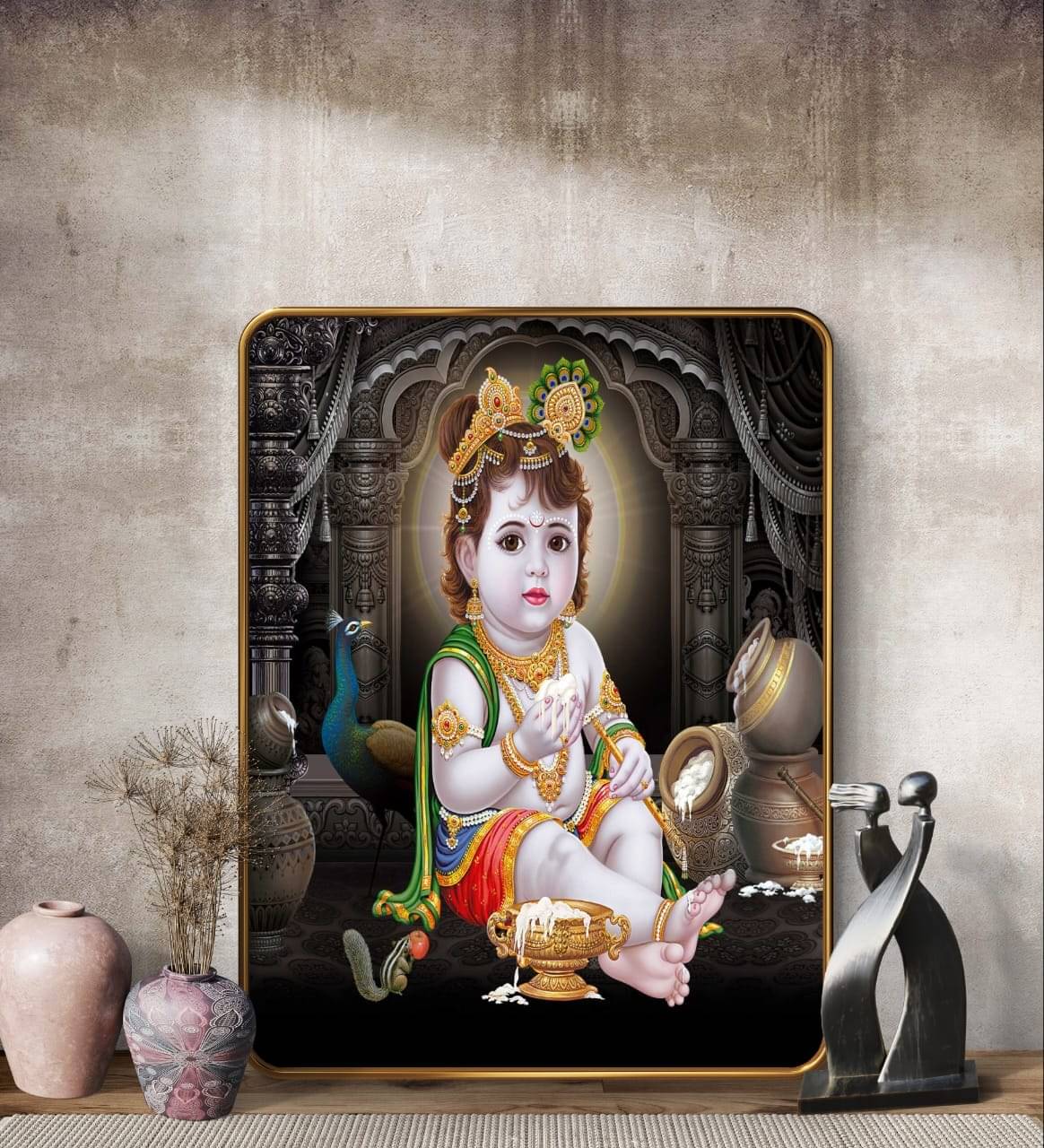     			SAF Bal Krishna Makhan Chor Wall Painting | Golden Frame Sparkle Laminated MDF Poster | Baby Krishna Art for Home Temple Pooja Room | Kanha Ji Janmashtami Gift Decorative Wall Frame