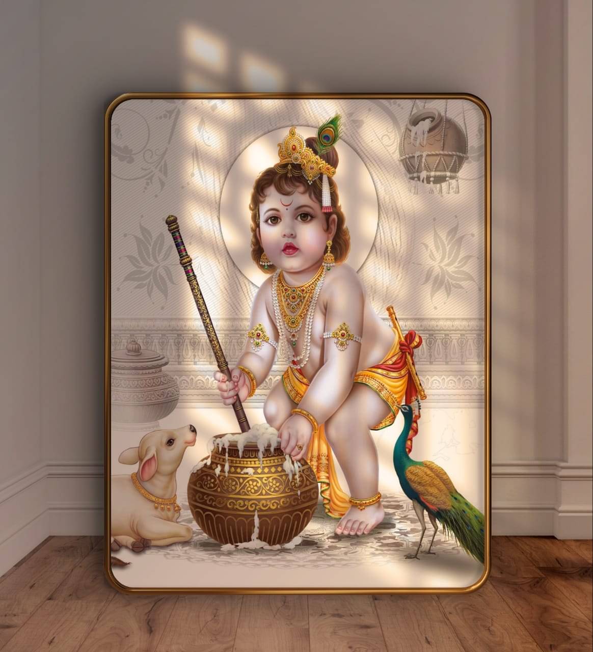 SAF Bal Krishna Wall Painting with Butter Pot | Golden Frame | Sparkle Lamination | MDF Decorative Art for Home Temple Pooja Room | Cute Kanha Ji Poster for Gifting     			SAF Bal Krishna Wall Painting with Butter Pot | Golden Frame | Sparkle Lamination | MDF Decorative Art for Home Temple Pooja Room | Cute Kanha Ji Poster for Gifting