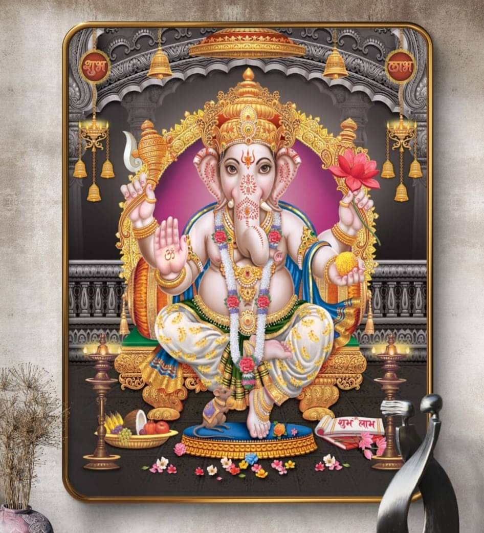     			SAF Ganesh Ji Wall Painting for Home & Office | Golden Framed Sparkle Laminated Poster | Lord Ganesha Blessing MDF Art | Vastu Decorative Hindu God Photo for Pooja Room