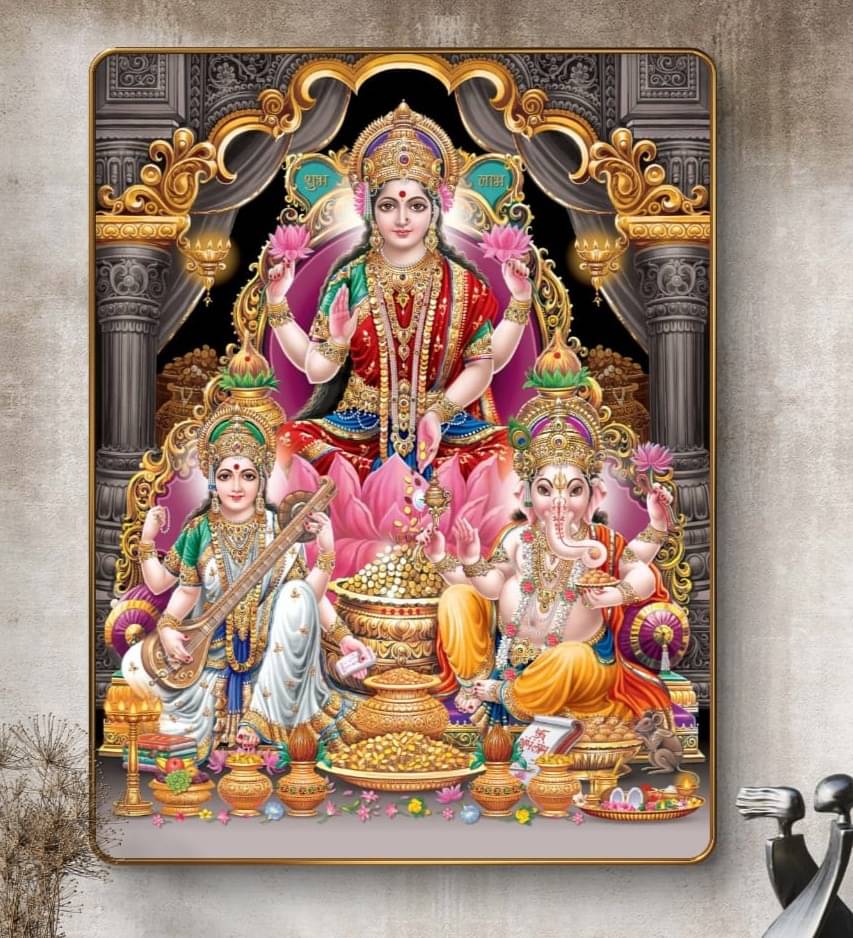     			SAF Laxmi Ganesh Saraswati Wall Painting with Golden Frame & Sparkle Lamination | Hindu Deity MDF Poster for Home Temple Office Decor | Shubh Labh Religious Artwork for Gifting