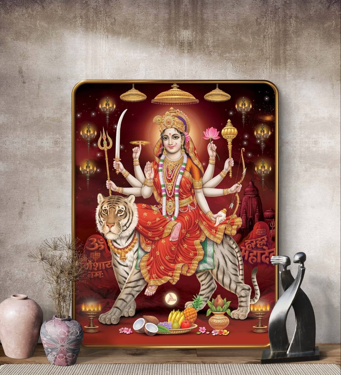 SAF Maa Durga Wall Painting on Tiger | Golden Frame Sparkle Laminated MDF Poster | Hindu Goddess Wall Art for Home Temple Pooja Room | Navratri Gift Spiritual Decorative Frame SAF Maa Durga Wall Painting on Tiger | Golden Frame Sparkle Laminated MDF Poster | Hindu Goddess Wall Art for Home Temple Pooja Room | Navratri Gift Spiritual Decorative Frame