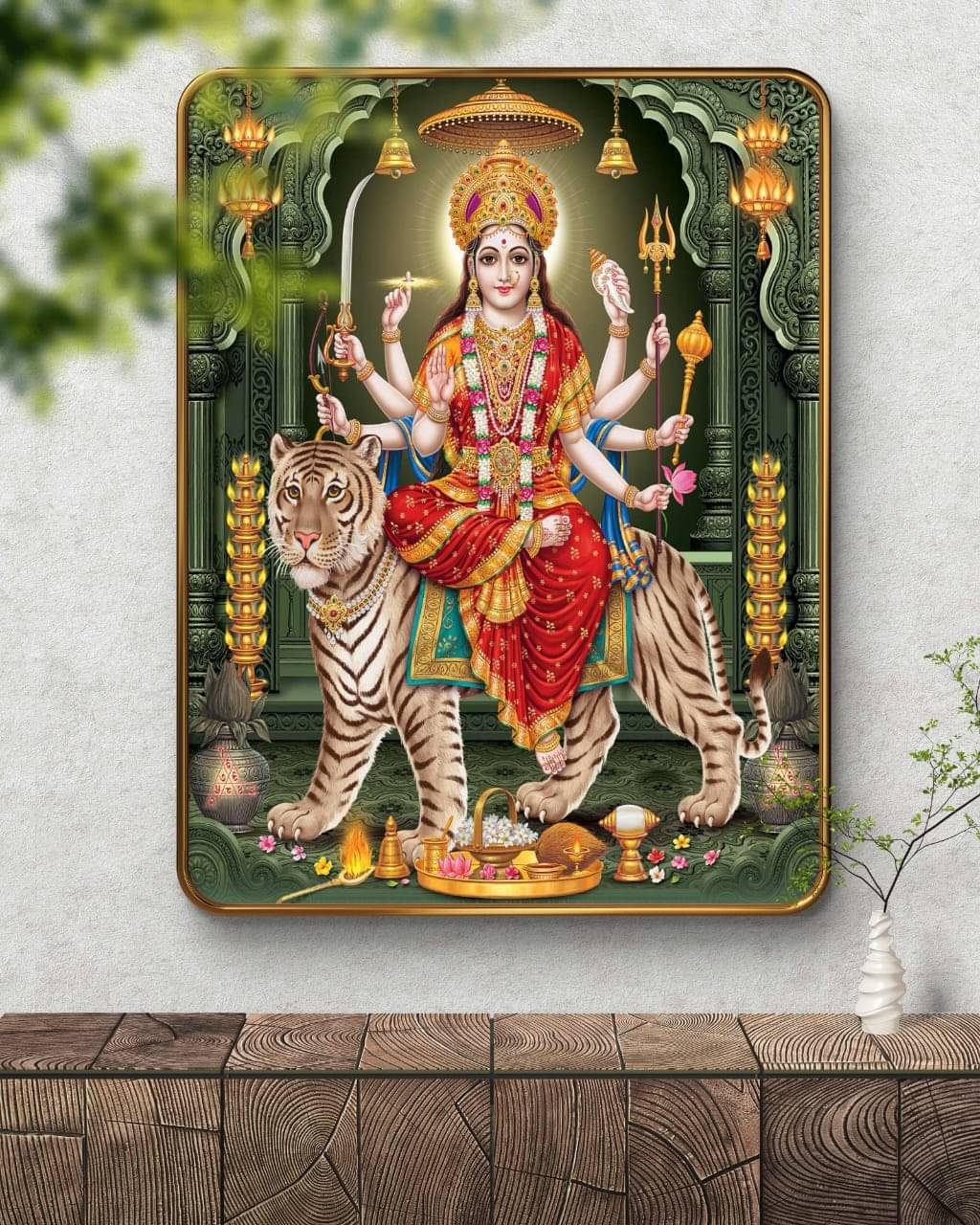     			SAF Maa Durga Wall Painting on Tiger | Golden Frame Sparkle Laminated MDF Poster | Hindu Goddess Art for Home Temple Pooja Room | Shakti Devi Navratri Spiritual Wall Decoration
