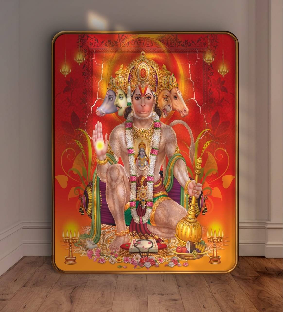 SAF Panchmukhi Hanuman Ji Wall Painting with Golden Frame | Sparkle Laminated Religious Wall Art for Pooja Room & Home Decor | MDF Board Divine Blessings Artwork SAF Panchmukhi Hanuman Ji Wall Painting with Golden Frame | Sparkle Laminated Religious Wall Art for Pooja Room & Home Decor | MDF Board Divine Blessings Artwork