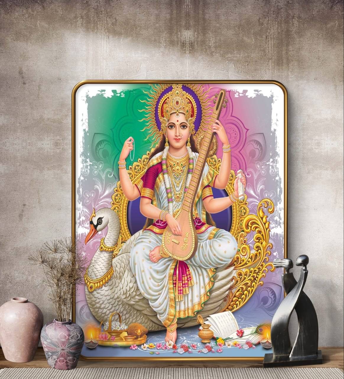 SAF Saraswati Devi Wall Painting with Golden Frame & Sparkle Lamination | MDF Board Poster for Pooja Room Office Study Area | Hindu Goddess Art for Knowledge & Wisdom SAF Saraswati Devi Wall Painting with Golden Frame & Sparkle Lamination | MDF Board Poster for Pooja Room Office Study Area | Hindu Goddess Art for Knowledge & Wisdom