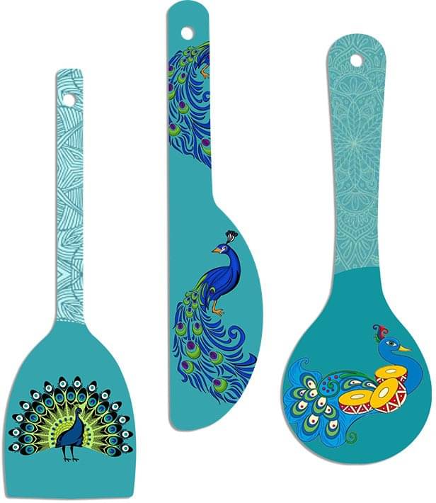     			SAF Set of 3 Peacock Design Spoon-Shaped MDF Wall Hangings – Decorative Blue Kitchen Wall Art Panels – Traditional Bird Theme Printed Decor for Living or Dining Room