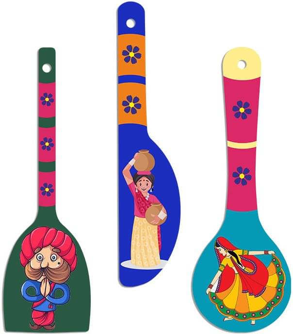     			SAF Set of 3 Rajasthani Folk Art MDF Spoon Wall Hangings – Traditional Indian Kitchen Decor with Cultural Characters – Vibrant Ethnic Wall Art for Home or Cafe