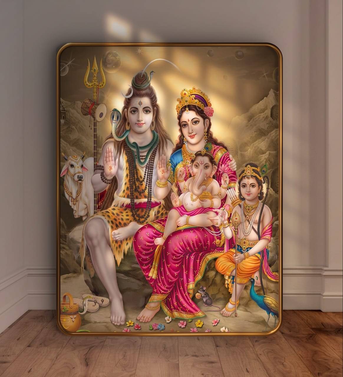 SAF Shiv Parivar Wall Painting | Lord Shiva Parvati Ganesh Kartikeya with Nandi | Golden Frame Sparkle Laminated MDF Poster for Home Temple Pooja Room | Hindu God Family Decorative Art SAF Shiv Parivar Wall Painting | Lord Shiva Parvati Ganesh Kartikeya with Nandi | Golden Frame Sparkle Laminated MDF Poster for Home Temple Pooja Room | Hindu God Family Decorative Art