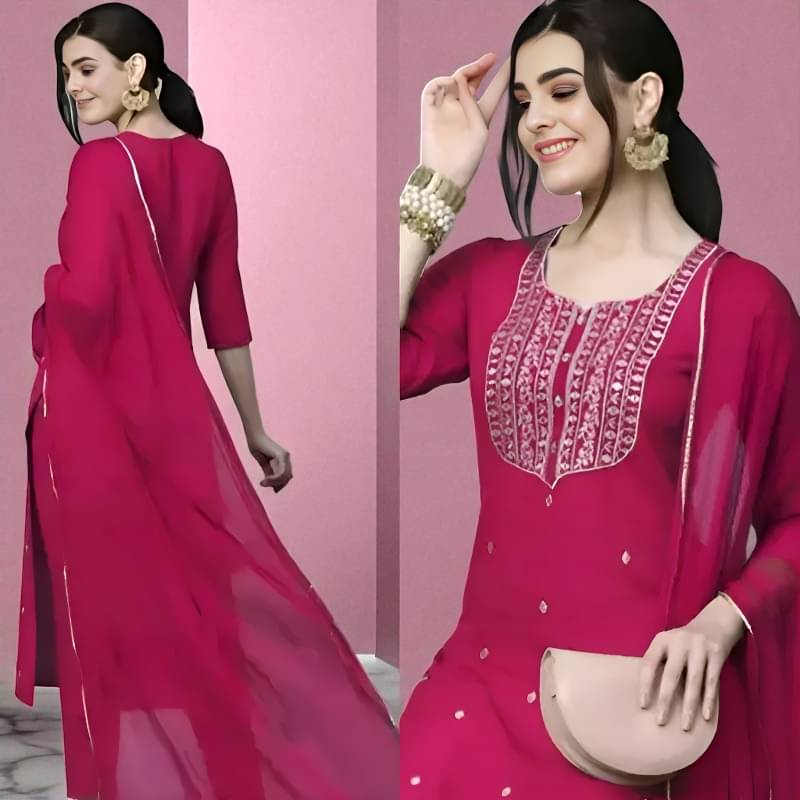     			TRIONZA Women Rayon Embroidered A-line Kurti With Pants ( Pink )