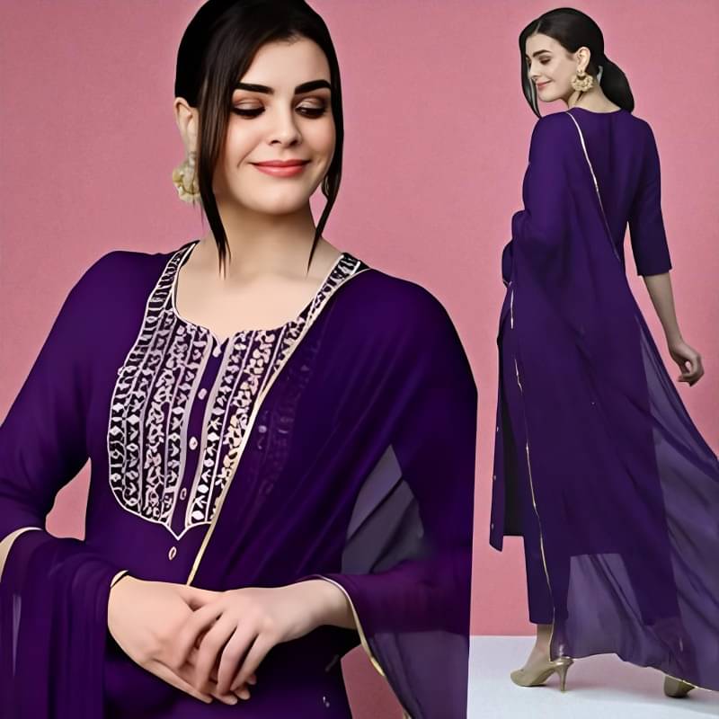     			TRIONZA Women Rayon Embroidered A-line Kurti With Pants ( Purple )