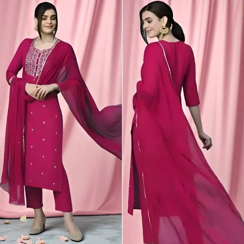     			TRIONZA Women Rayon Embroidered A-line Kurti With Pants ( Pink )