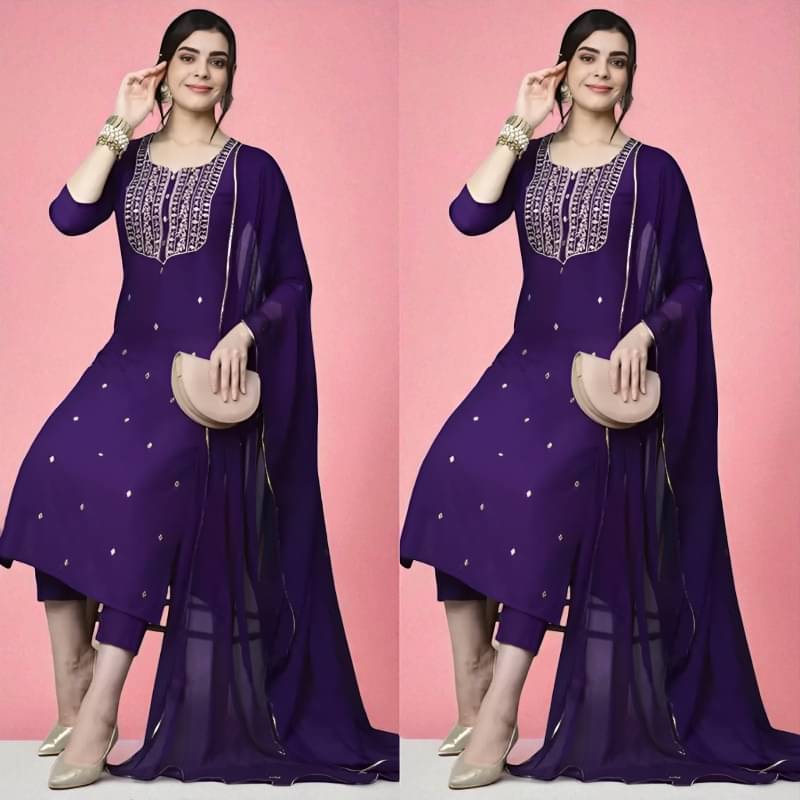     			TRIONZA Women Rayon Embroidered A-line Kurti With Pants ( Purple )