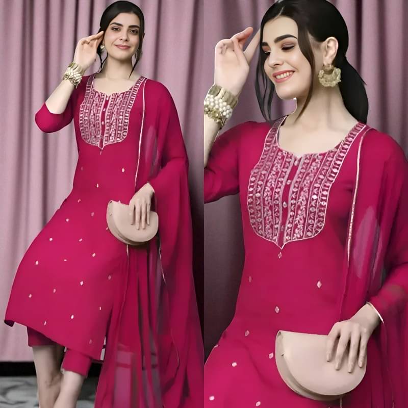     			TRIONZA Women Rayon Embroidered A-line Kurti With Pants ( Pink )