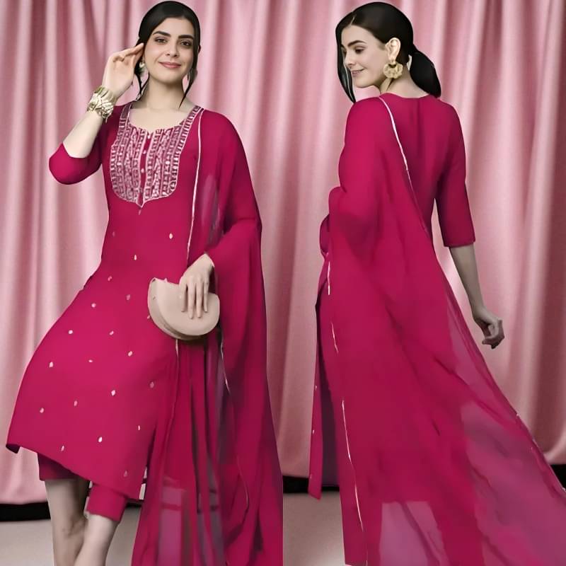 TRIONZA Women Rayon Embroidered A-line Kurti With Pants ( Pink ) TRIONZA Women Rayon Embroidered A-line Kurti With Pants ( Pink )