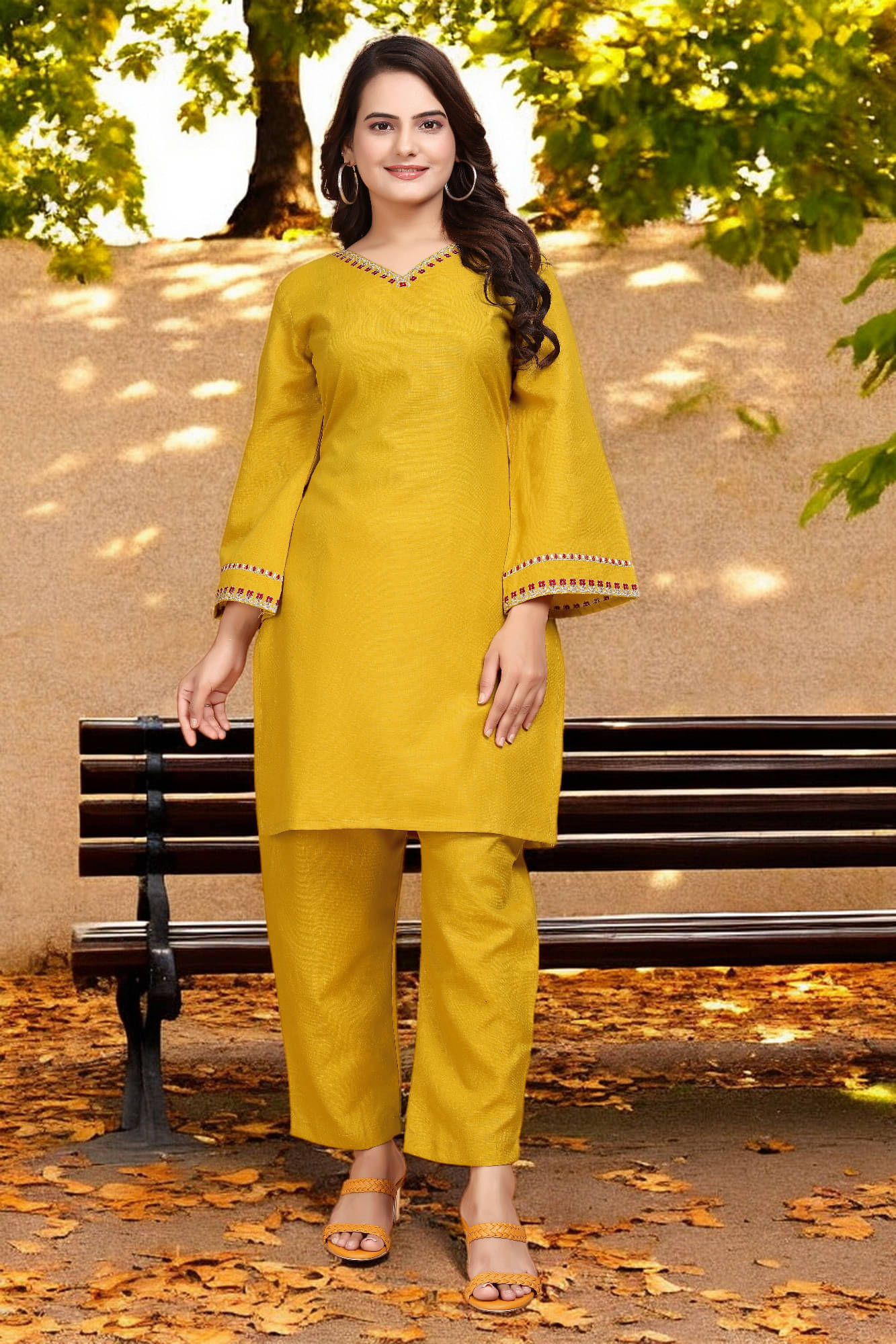    			Vorhiza Women Solid Tunic With Trousers Co-Ord Set ( Yellow )