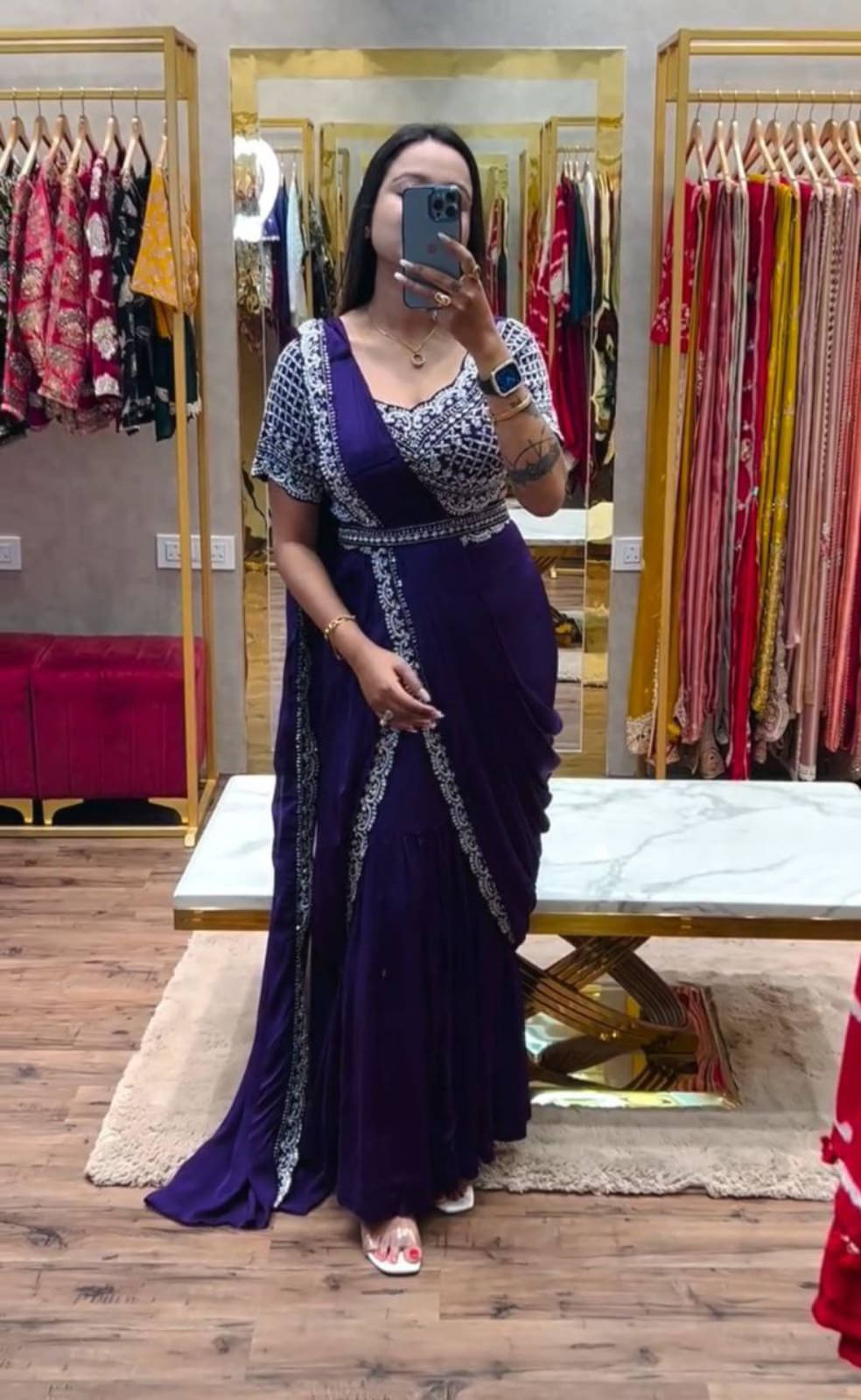 kastbhanjan Chiffon Embroidered Banarasi saree With Stitched Blouse ( Purple ) kastbhanjan Chiffon Embroidered Banarasi saree With Stitched Blouse ( Purple )