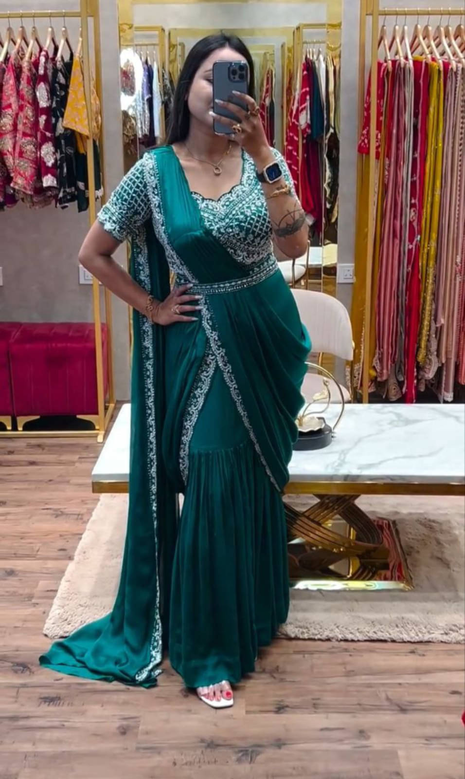 kastbhanjan Chiffon Embroidered Banarasi saree With Stitched Blouse ( Rama ) kastbhanjan Chiffon Embroidered Banarasi saree With Stitched Blouse ( Rama )