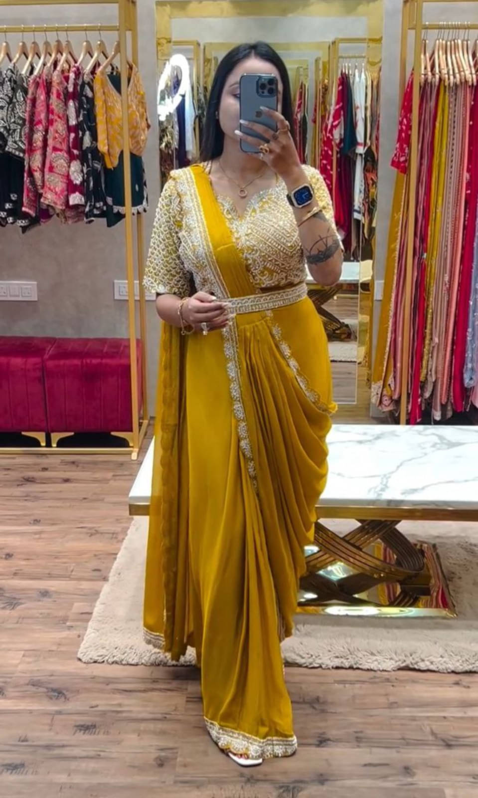 kastbhanjan Chiffon Embroidered Regular Saree With Stitched Blouse ( Yellow ) kastbhanjan Chiffon Embroidered Regular Saree With Stitched Blouse ( Yellow )