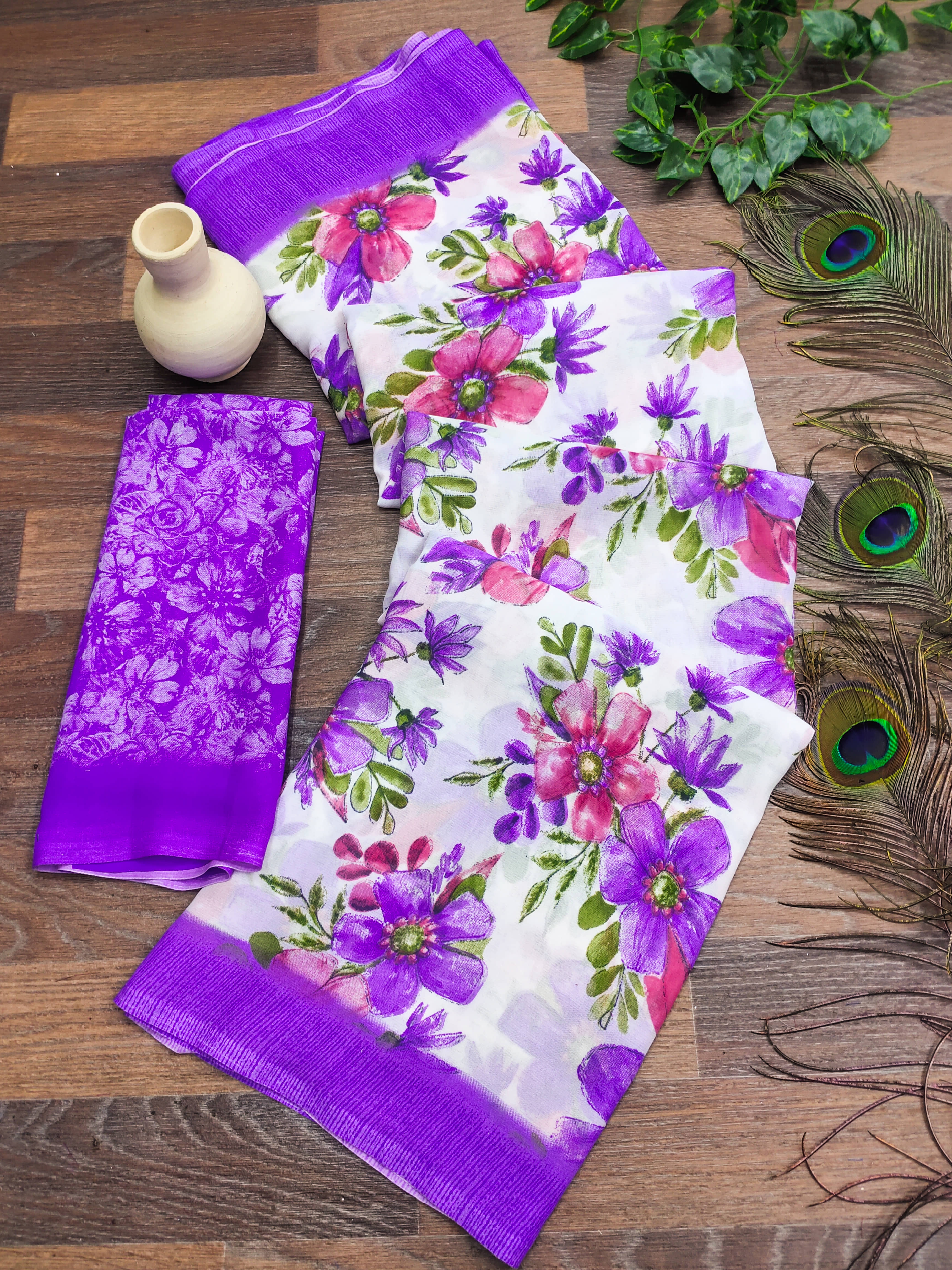 ANAND SAREES Georgette Printed Chanderi saree With Unstitched Blouse Piece ( Purple ) - Sarees | Buy online on ZillyBuy