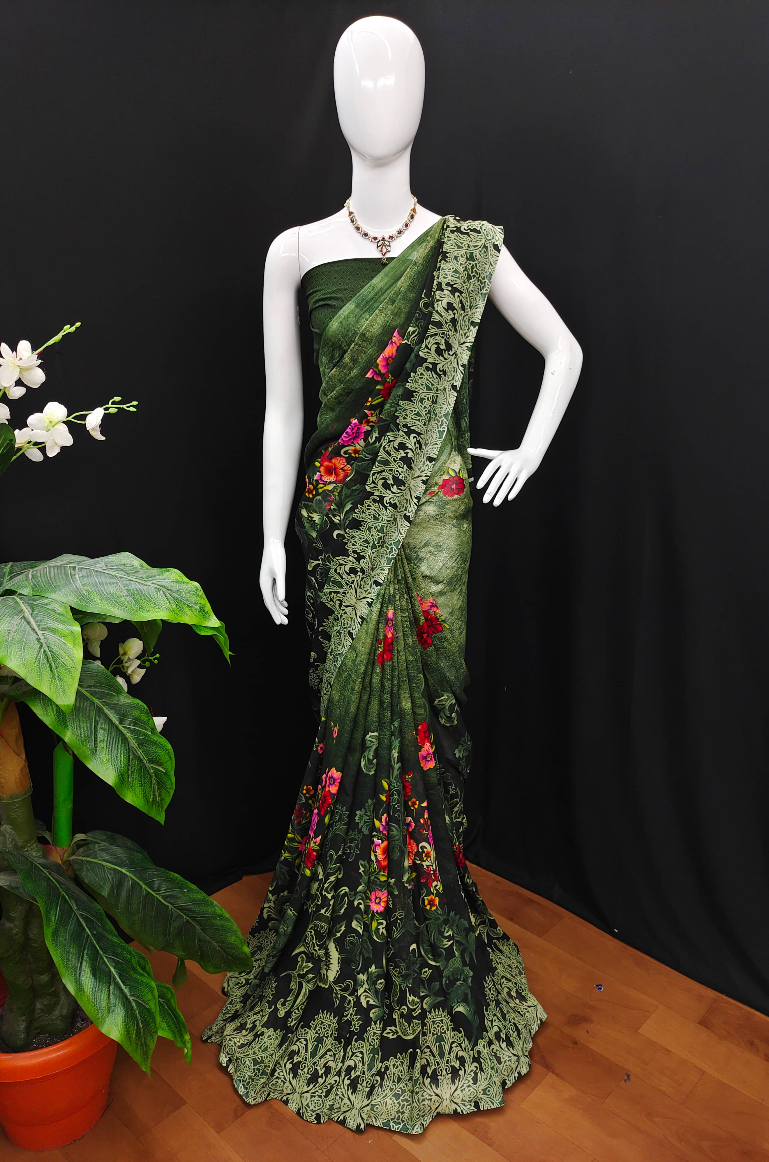     			ANAND SAREES Georgette Printed Chanderi saree With Unstitched Blouse Piece ( Green )