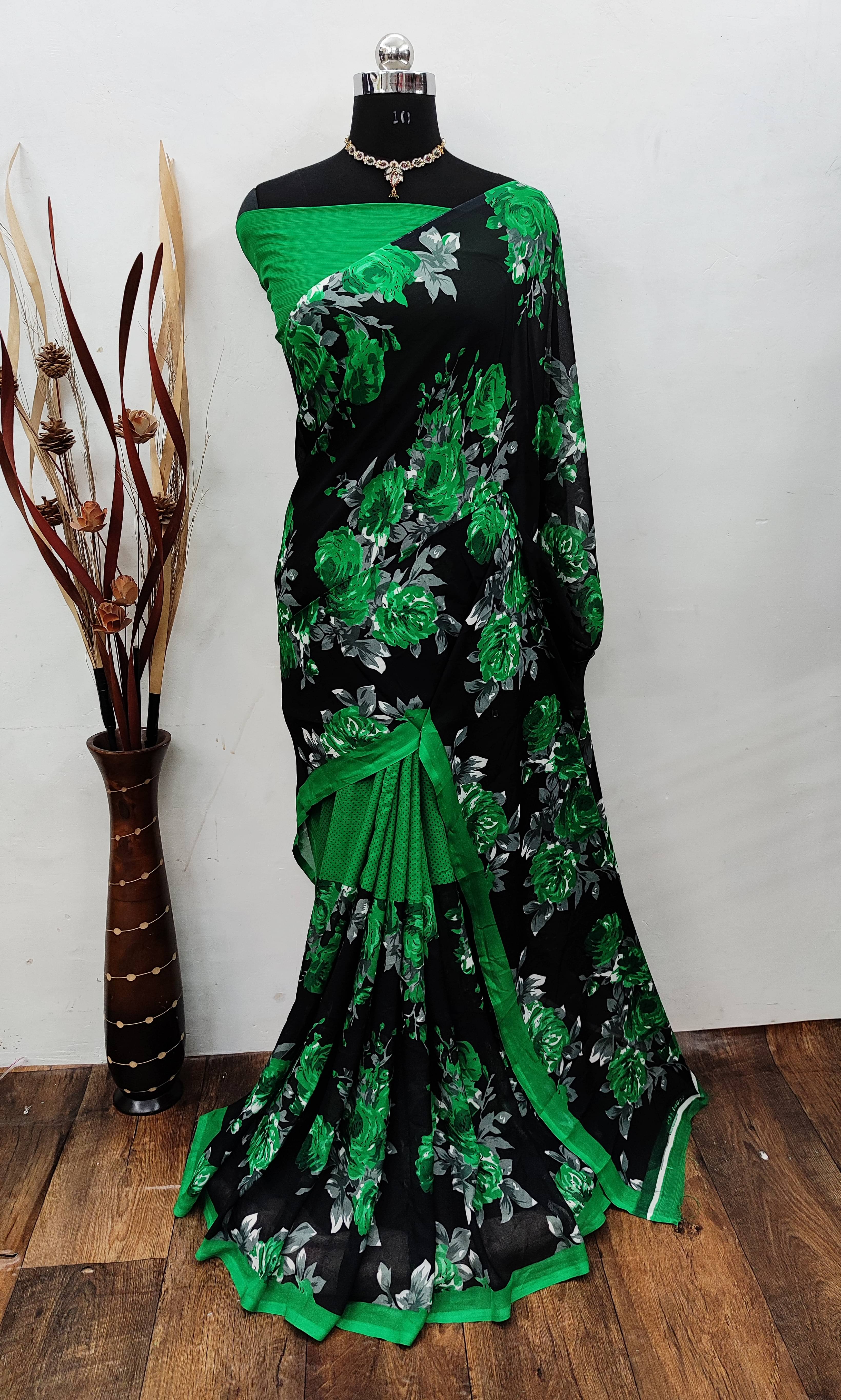 ANAND SAREES Georgette Printed Chanderi saree With Unstitched Blouse Piece ( Green ) ANAND SAREES Georgette Printed Chanderi saree With Unstitched Blouse Piece ( Green )
