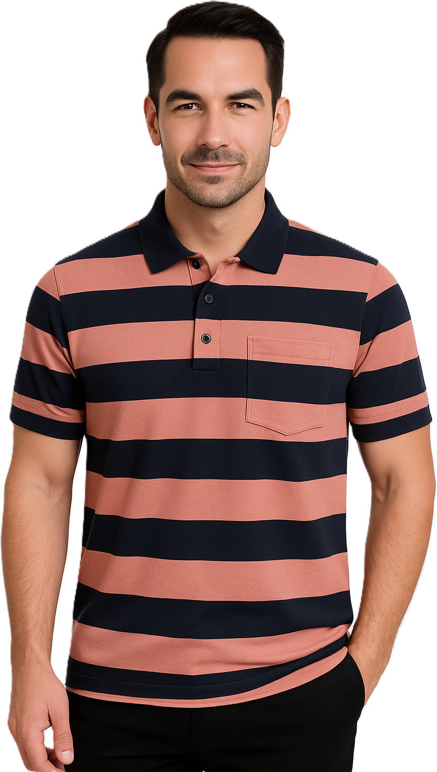    			Alvin Men Cotton Blend Regular Fit Striped Polo T Shirt ( Peach )