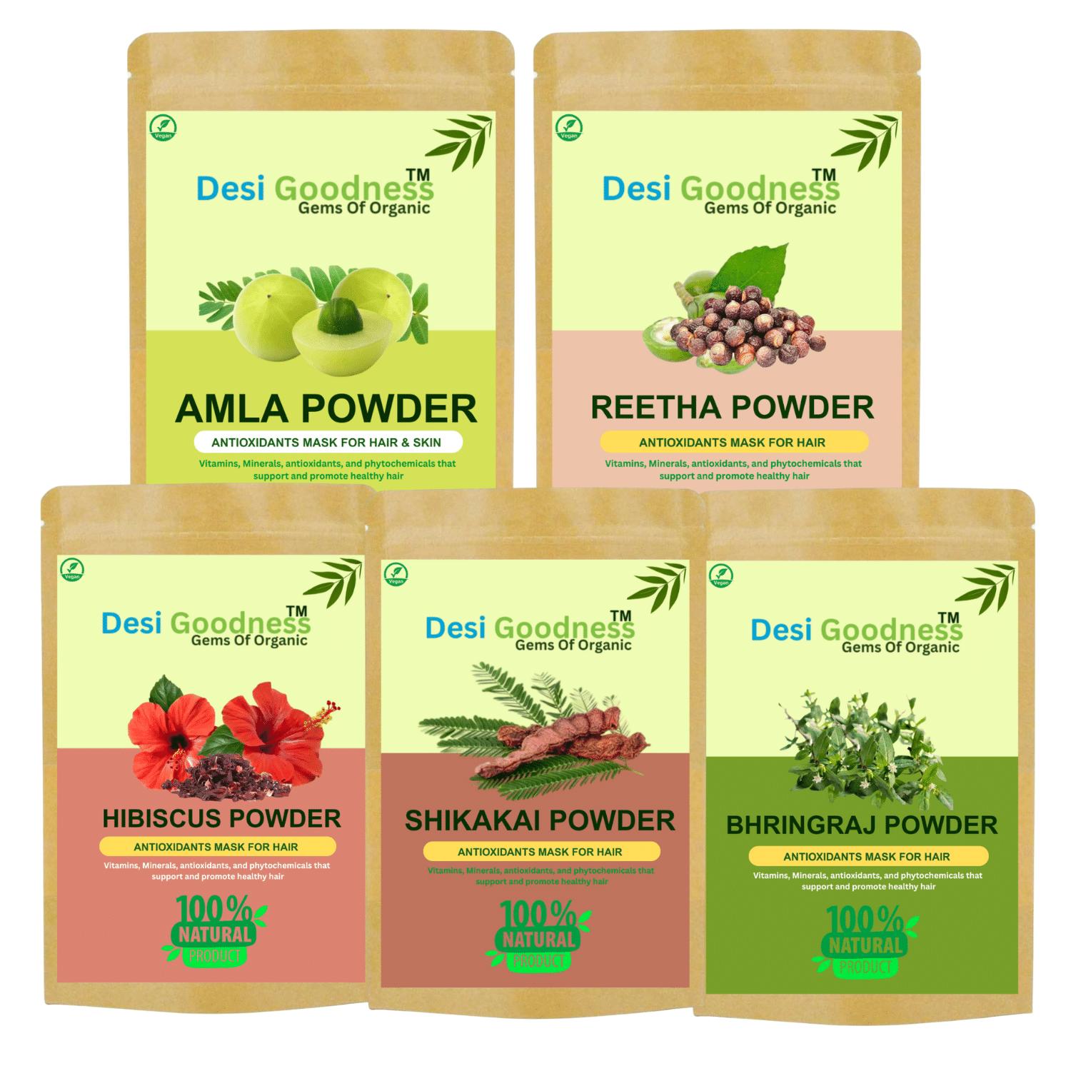 Amla, Reetha, Shikakai, Bhringraj & Hibiscus Powder - Hair Growth Combo Pack Amla, Reetha, Shikakai, Bhringraj & Hibiscus Powder - Hair Growth Combo Pack