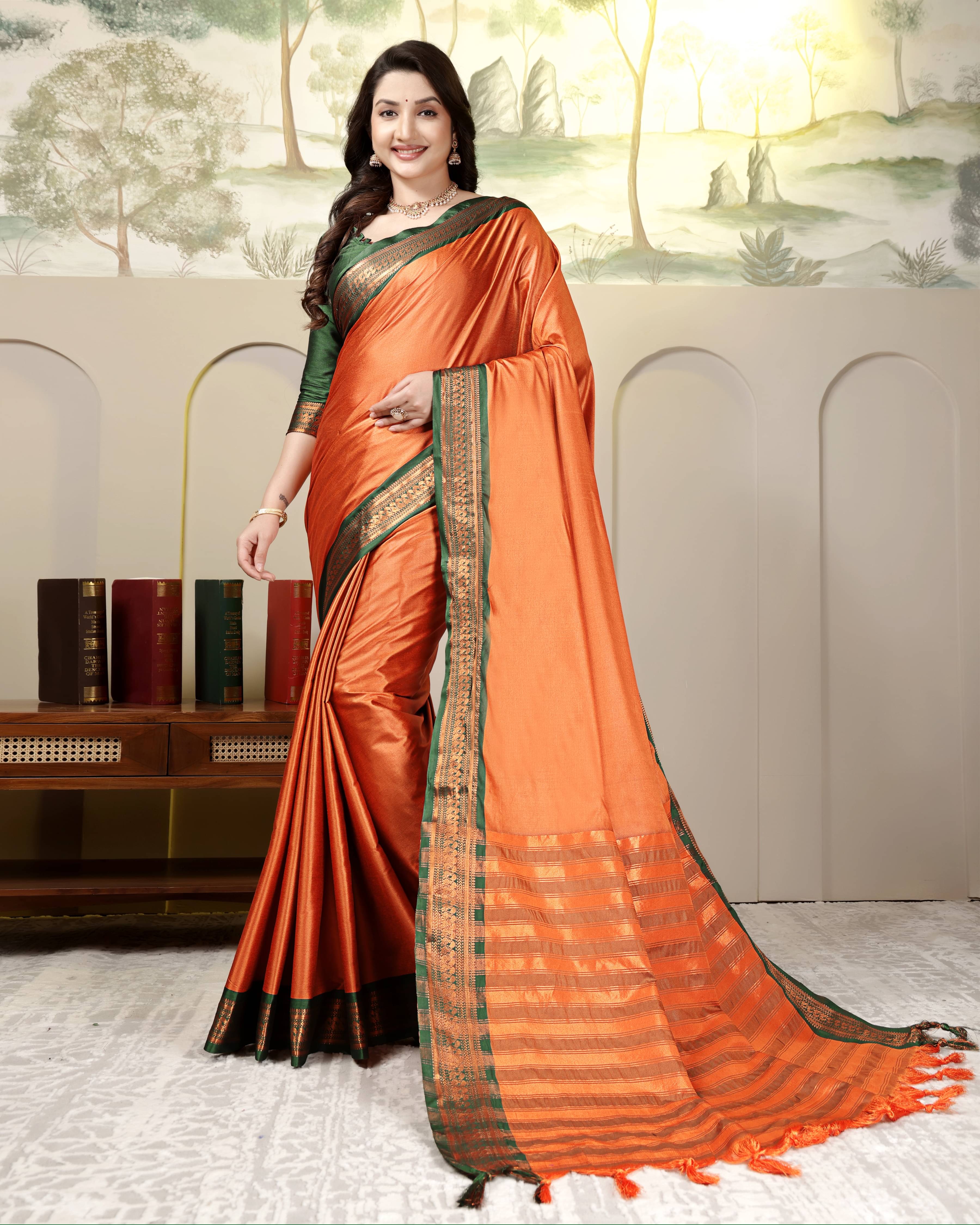 Clirva Silk Woven Banarasi saree With Unstitched Blouse Piece ( Orange ) Clirva Silk Woven Banarasi saree With Unstitched Blouse Piece ( Orange )