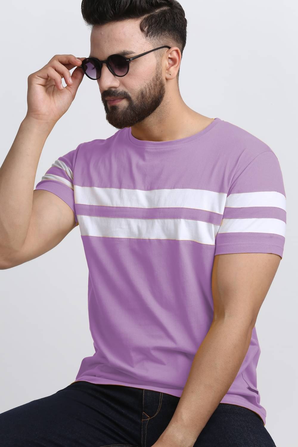 Diversify Men Cotton Blend Regular Fit Striped T-Shirt ( Lavender )     			Diversify Men Cotton Blend Regular Fit Striped T-Shirt ( Lavender )