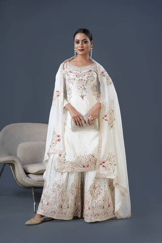     			Dulhan Saree Women Silk Embroidered Straight Kurti With Sharara And Gharara ( Off White )
