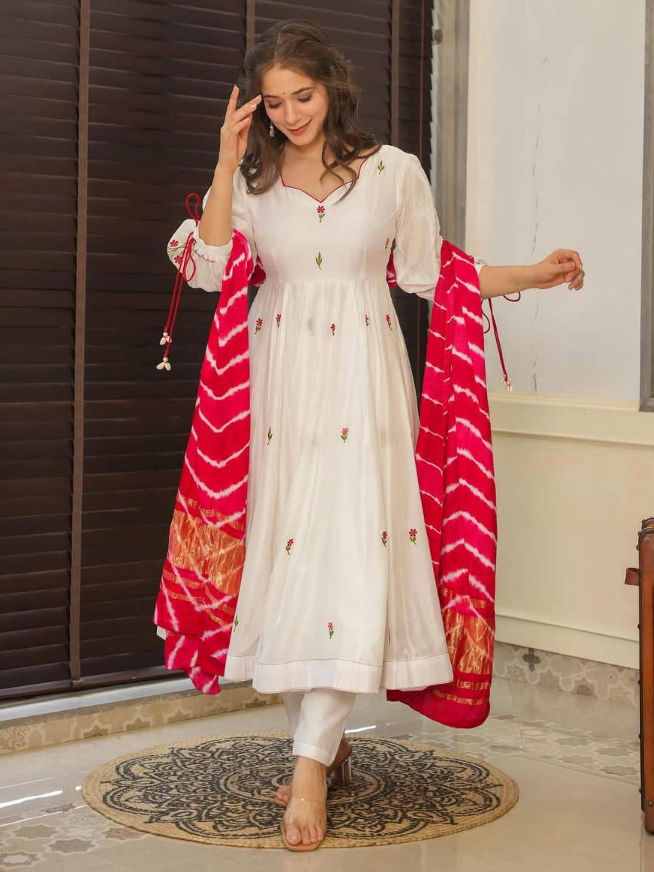Eeloo Women Chanderi Embroidered Straight Kurti With Pants ( Off White )