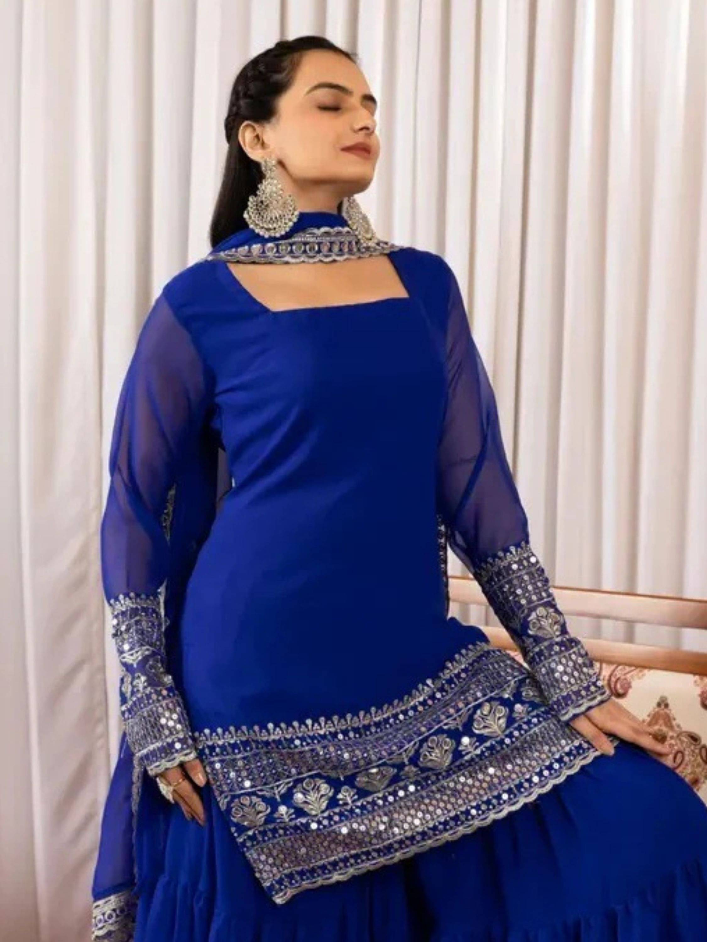     			Eeloo Women Georgette Embroidered Straight Kurti With Pants ( Blue )