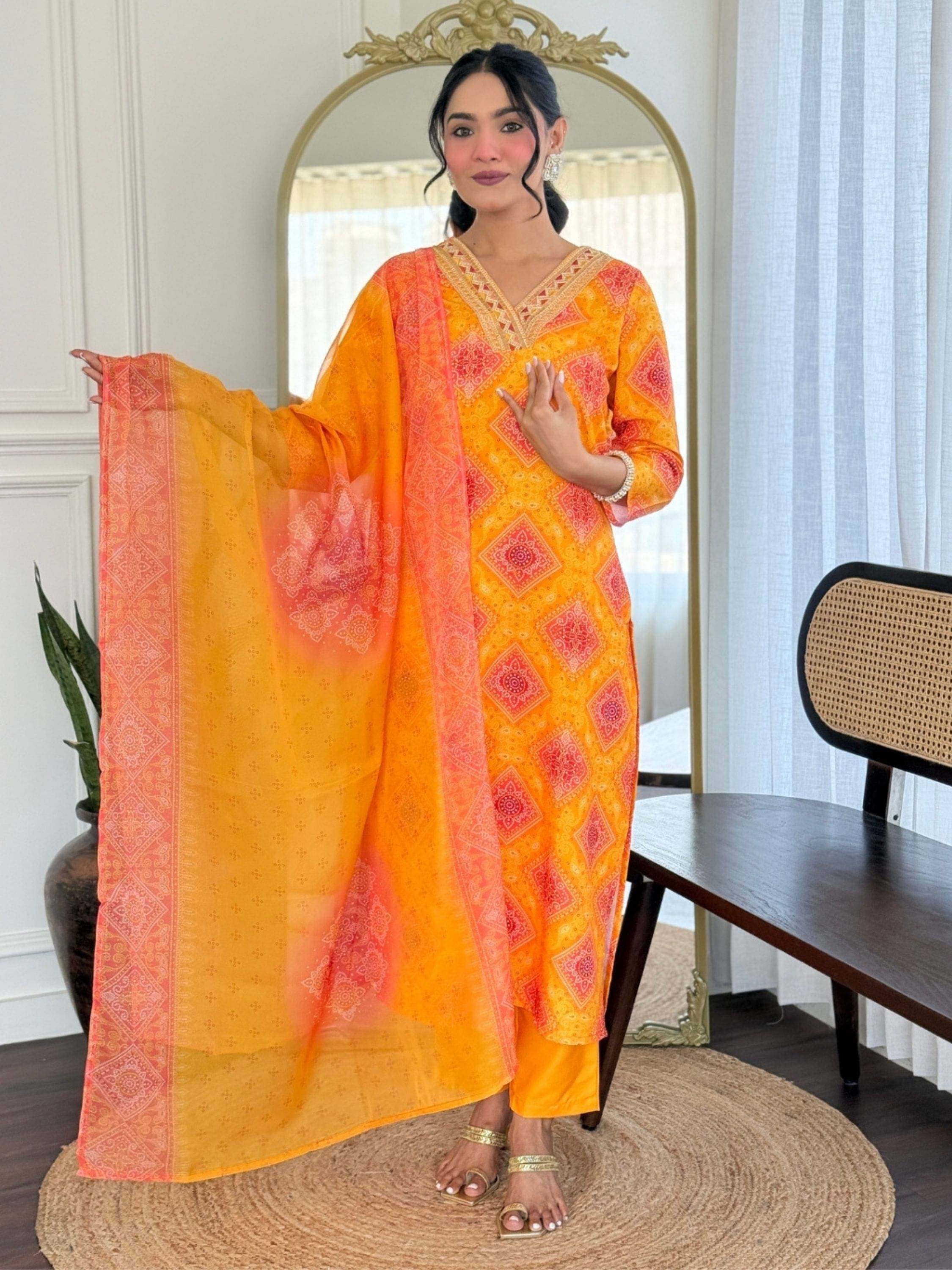    			Eeloo Women Rayon Embroidered Straight Kurti With Pants ( Yellow )