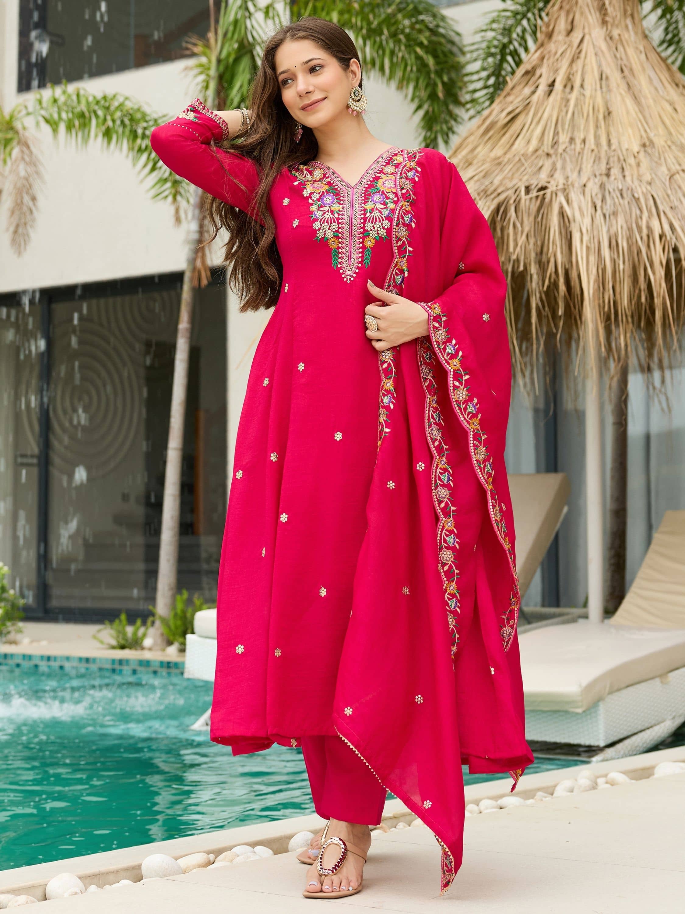 Eeloo Women Silk Embroidered Straight Kurti With Pants ( Pink )