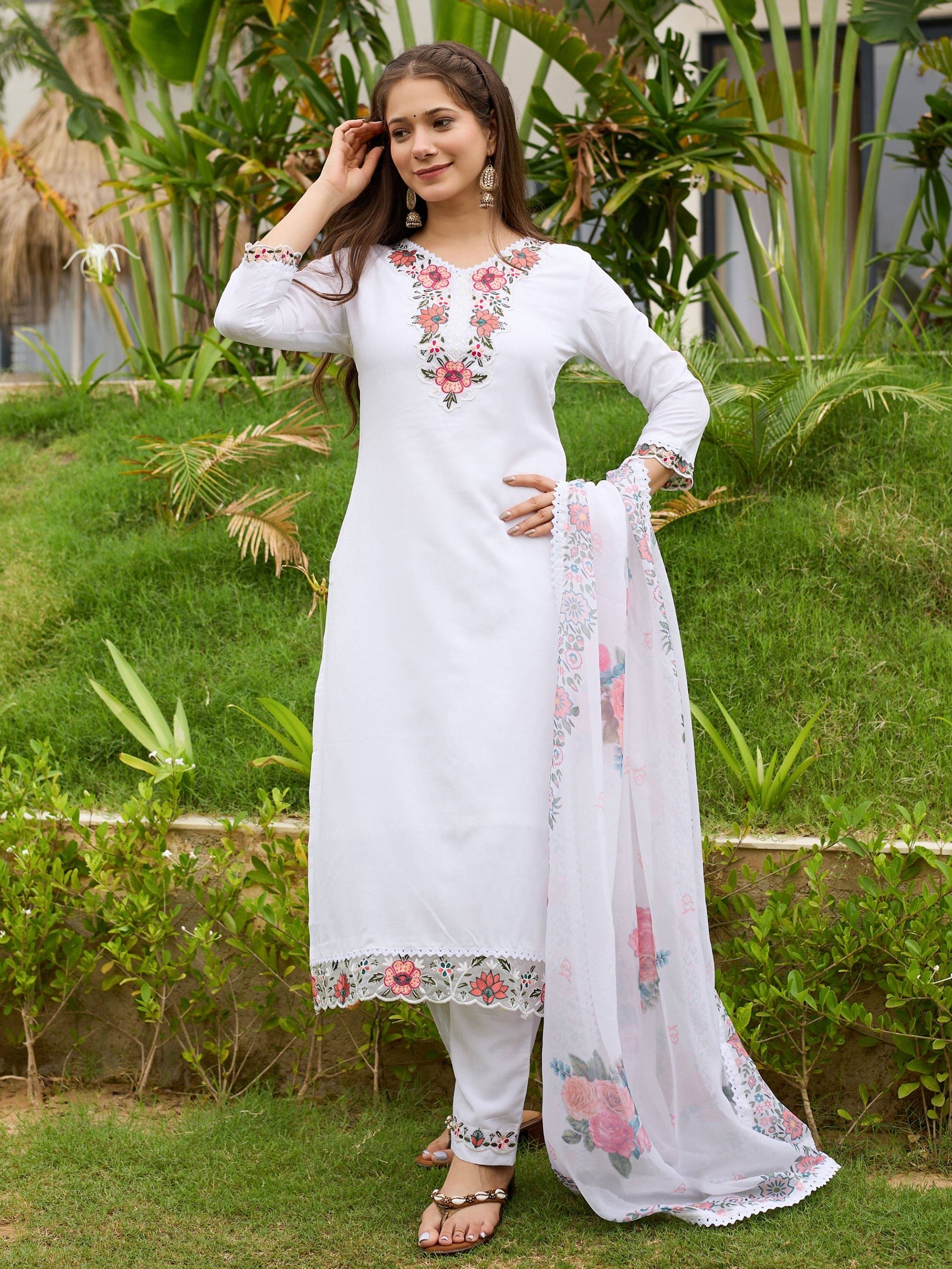     			Eeloo Women Viscose Embroidered Straight Kurti With Pants ( White )