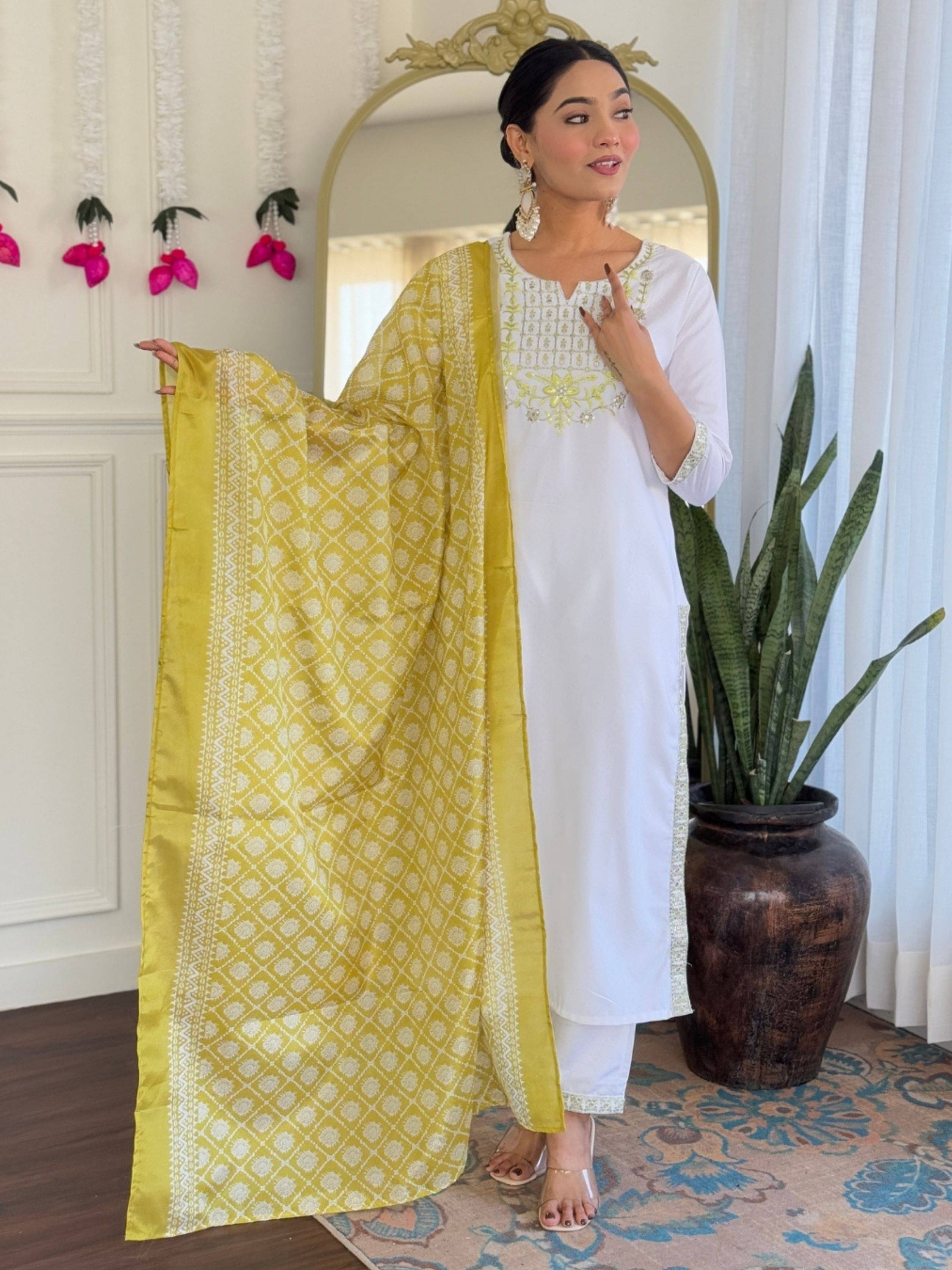    			Eeloo Women Viscose Embroidered Straight Kurti With Pants ( White )